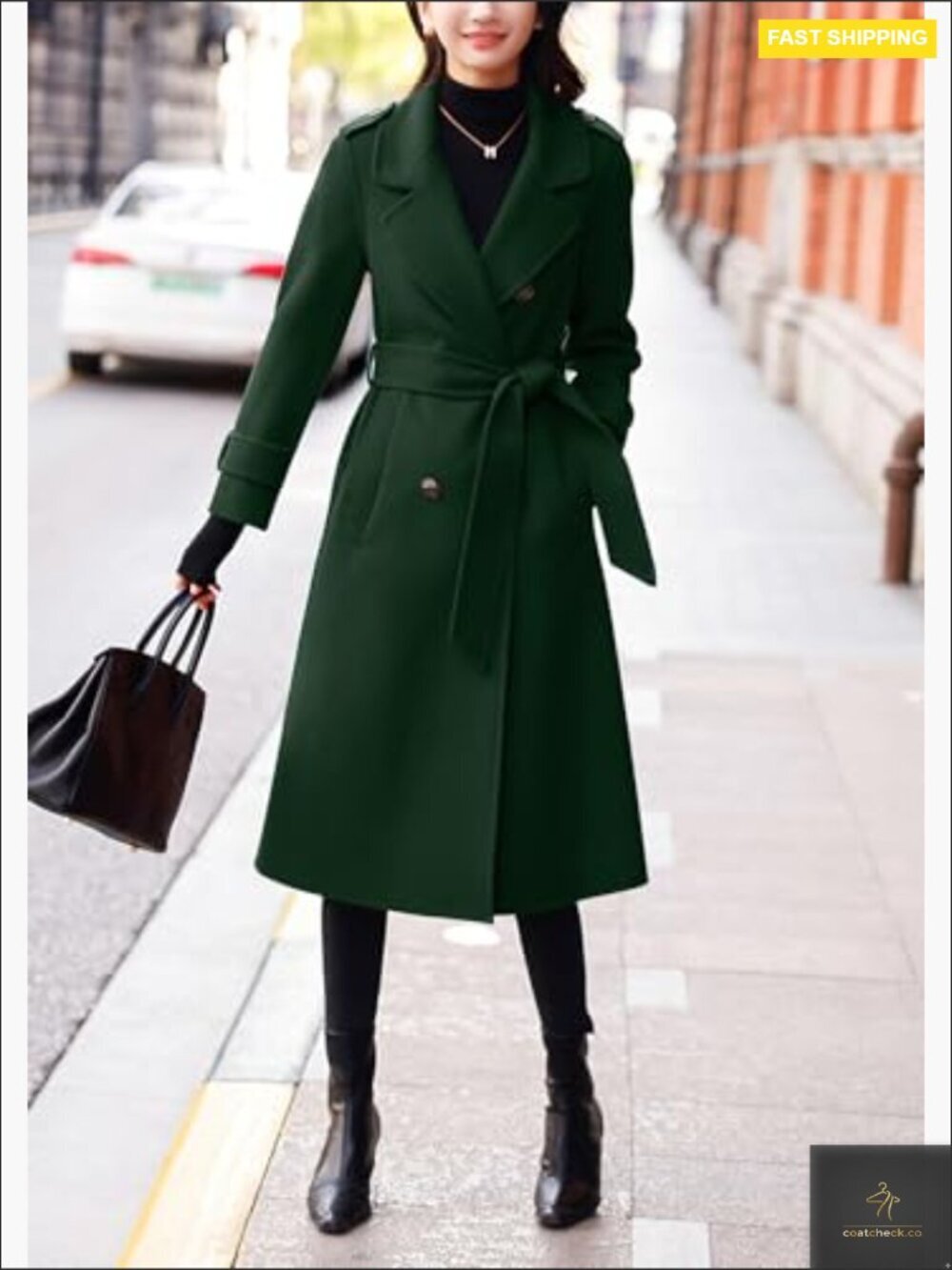 Wool Pea Coat Double Breasted Belted Midi Long Winter Overcoat Classic Chic - Picture 3 of 7